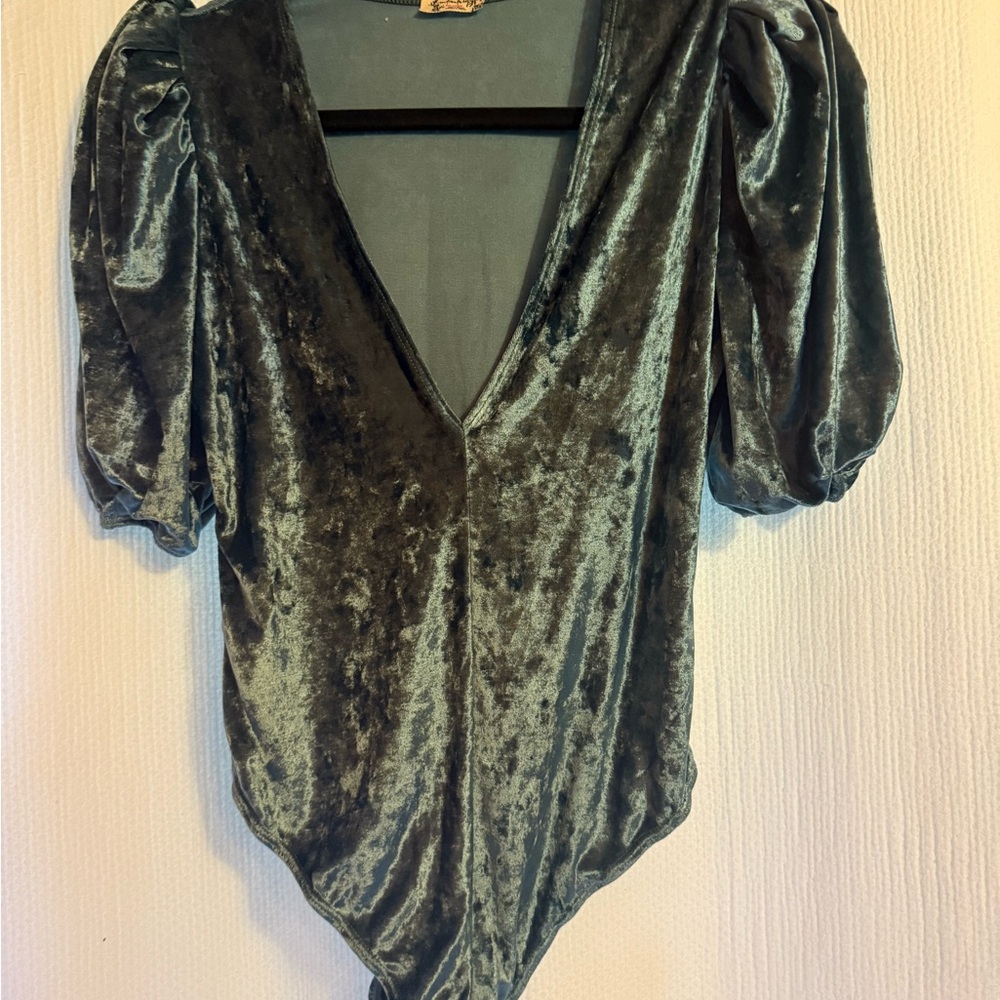Free People Green Asymmetrical Puff Sleeve Bodysuit